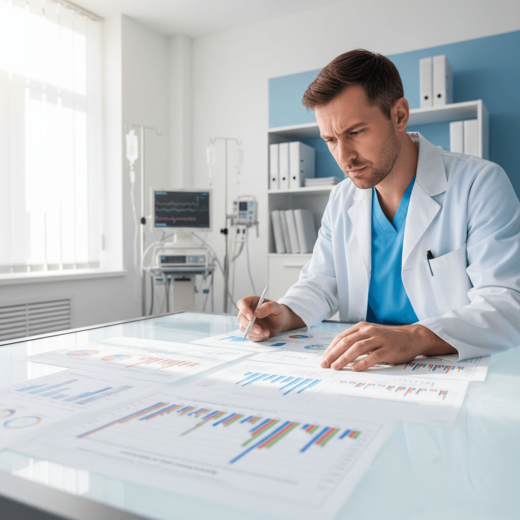 Healthcare professional in clinical setting reviewing medical data